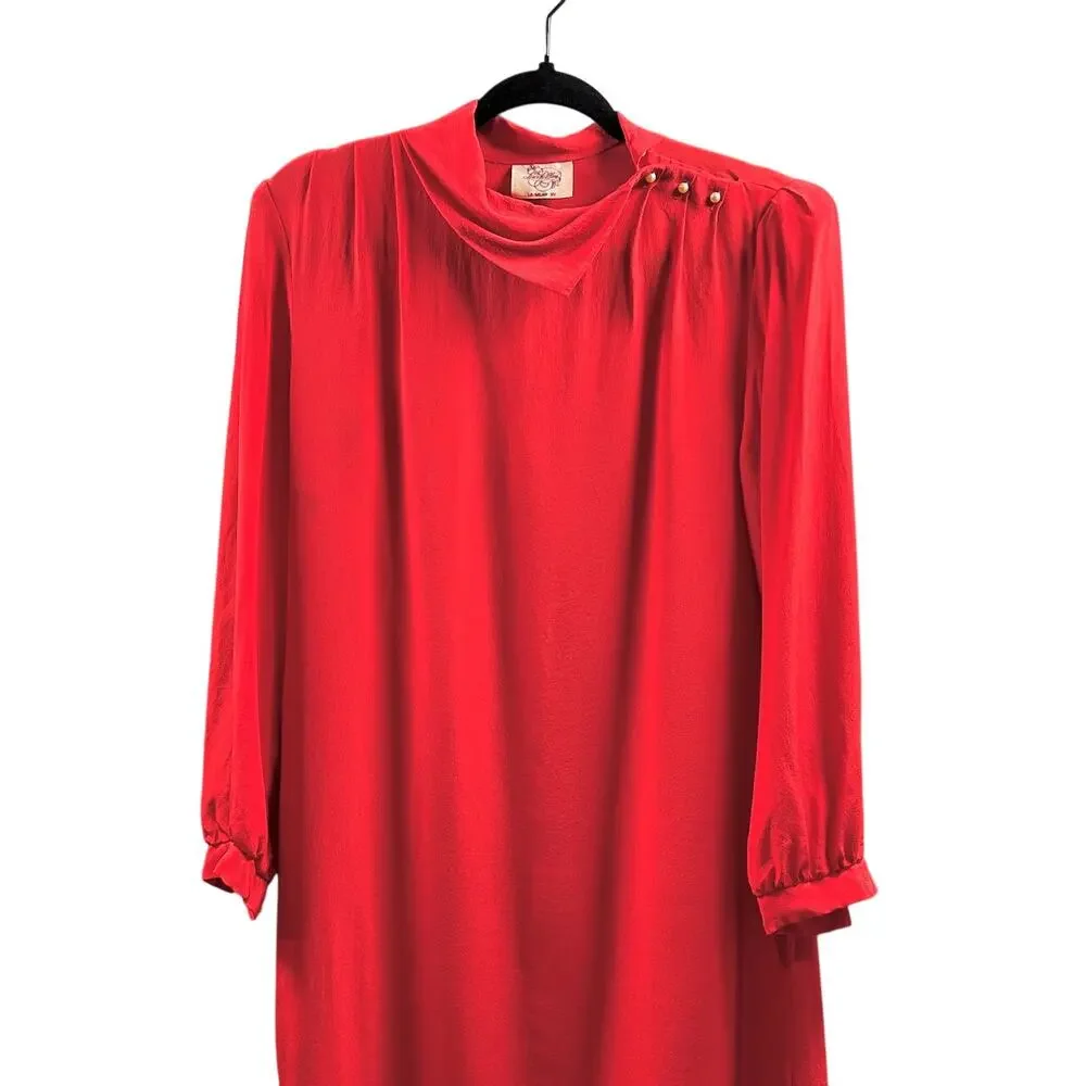 Vintage 80s SILK Elegant Red Cowl Neck Shift Dress Minimalist Old Money 7/8 - Picture 6 of 10